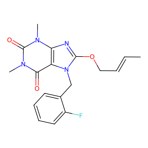 8-[(E)-but-2-enoxy]-7-[(2-fluorophenyl)methyl]-1,3-dimethylpurine-2,6-dione structure