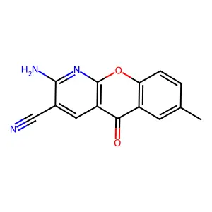2-Amino-7-methyl-5-oxo-5H-(1)benzopyrano(2,3-b)pyridine-3-carbonitrile structure