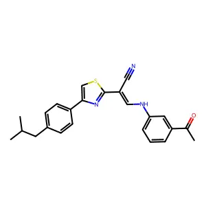 (E)-3-((3-acetylphenyl)amino)-2-(4-(4-isobutylphenyl)thiazol-2-yl)acrylonitrile structure