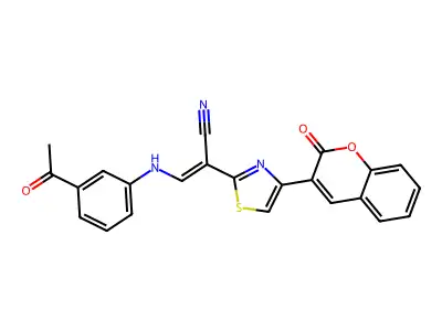 (Z)-3-((3-acetylphenyl)amino)-2-(4-(2-oxo-2H-chromen-3-yl)thiazol-2-yl)acrylonitrile structure