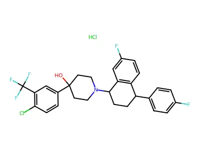 4-Piperidinol, 4-(4-chloro-3-(trifluoromethyl)phenyl)-1-(7-fluoro-4-(4-fluorophenyl)-1,2,3,4-tetrahydro-1-naphthalenyl)-, hydrochloride structure