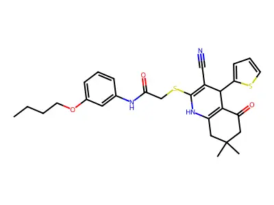 N-(3-butoxyphenyl)-2-{[3-cyano-7,7-dimethyl-5-oxo-4-(thiophen-2-yl)-1,4,5,6,7,8-hexahydroquinolin-2-yl]sulfanyl}acetamide structure