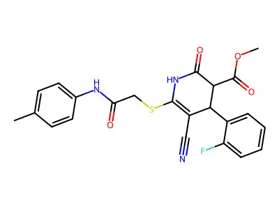 methyl 5-cyano-4-(2-fluorophenyl)-6-[2-(4-methylanilino)-2-oxoethyl]sulfanyl-2-oxo-3,4-dihydro-1H-pyridine-3-carboxylate structure