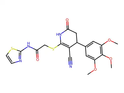 2-((3-cyano-6-oxo-4-(3,4,5-trimethoxyphenyl)-1,4,5,6-tetrahydropyridin-2-yl)thio)-N-(thiazol-2-yl)acetamide structure