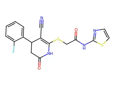 2-((3-cyano-4-(2-fluorophenyl)-6-oxo-1,4,5,6-tetrahydropyridin-2-yl)thio)-N-(thiazol-2-yl)acetamide structure