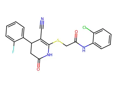 N-(2-chlorophenyl)-2-{[3-cyano-4-(2-fluorophenyl)-6-oxo-1,4,5,6-tetrahydropyridin-2-yl]sulfanyl}acetamide structure
