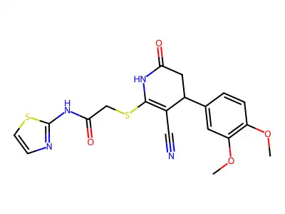 2-((3-cyano-4-(3,4-dimethoxyphenyl)-6-oxo-1,4,5,6-tetrahydropyridin-2-yl)thio)-N-(thiazol-2-yl)acetamide structure
