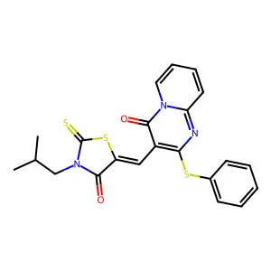3-[(Z)-(3-isobutyl-4-oxo-2-thioxo-1,3-thiazolidin-5-ylidene)methyl]-2-(phenylthio)-4H-pyrido[1,2-a]pyrimidin-4-one structure