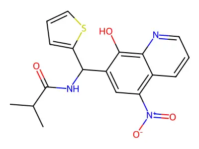 N-[(8-hydroxy-5-nitroquinolin-7-yl)-thiophen-2-ylmethyl]-2-methylpropanamide structure