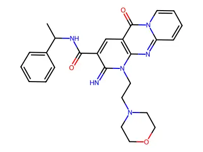 2-imino-1-(2-morpholinoethyl)-5-oxo-N-(1-phenylethyl)-2,5-dihydro-1H-dipyrido[1,2-a:2',3'-d]pyrimidine-3-carboxamide structure