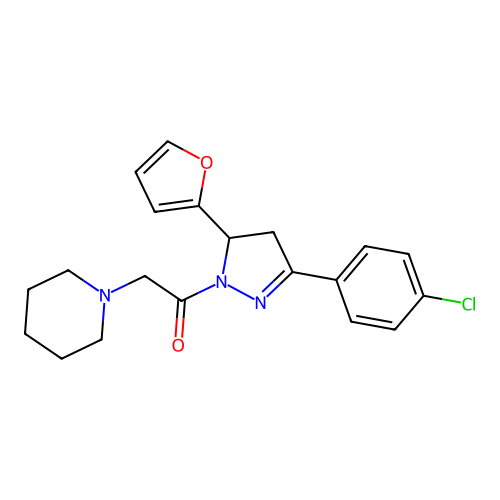 1-[3-(4-chlorophenyl)-5-(2-furyl)-4,5-dihydropyrazol-1-yl]-2-(1-piperidyl)ethanone structure