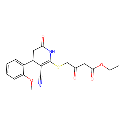 ethyl 4-((3-cyano-4-(2-methoxyphenyl)-6-oxo-1,4,5,6-tetrahydropyridin-2-yl)thio)-3-oxobutanoate structure