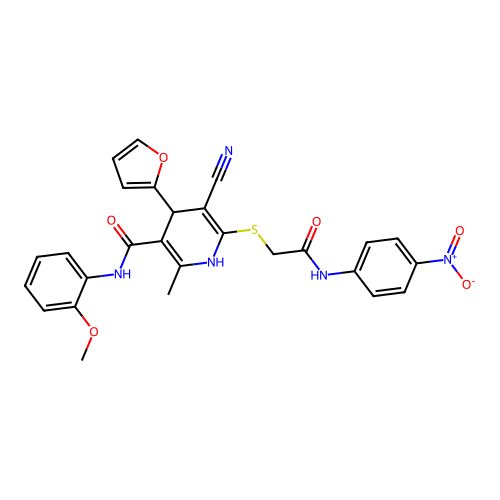 5-cyano-4-(furan-2-yl)-N-(2-methoxyphenyl)-2-methyl-6-((2-((4-nitrophenyl)amino)-2-oxoethyl)thio)-1,4-dihydropyridine-3-carboxamide structure