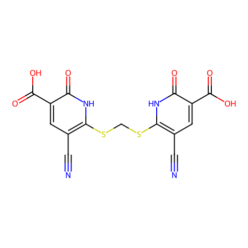 6,6'-(methylenebis(sulfanediyl))bis(5-cyano-2-oxo-1,2-dihydropyridine-3-carboxylic acid) structure