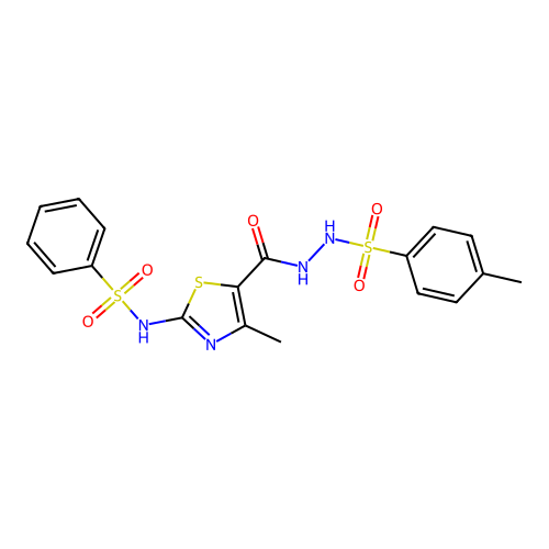 N-(4-methyl-5-(2-tosylhydrazinecarbonyl)thiazol-2-yl)benzenesulfonamide structure