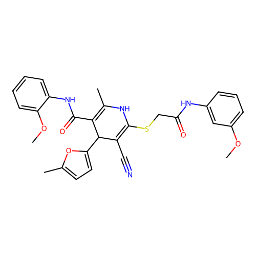 5-cyano-6-[2-(3-methoxyanilino)-2-oxoethyl]sulfanyl-N-(2-methoxyphenyl)-2-methyl-4-(5-methylfuran-2-yl)-1,4-dihydropyridine-3-carboxamide structure