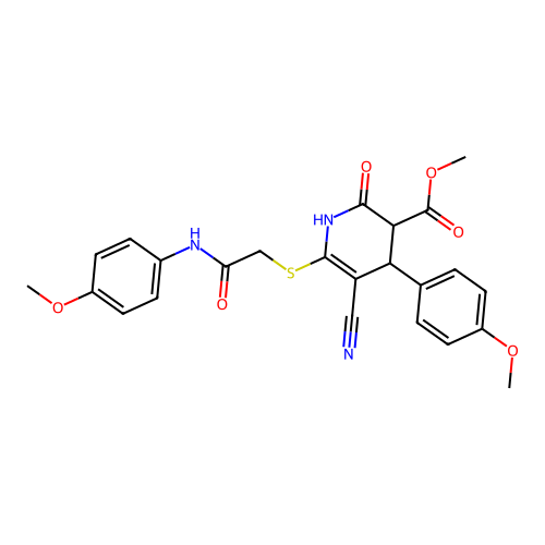 methyl 5-cyano-4-(4-methoxyphenyl)-6-((2-((4-methoxyphenyl)amino)-2-oxoethyl)thio)-2-oxo-1,2,3,4-tetrahydropyridine-3-carboxylate structure