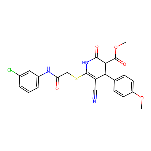 methyl 6-({2-[(3-chlorophenyl)amino]-2-oxoethyl}sulfanyl)-5-cyano-4-(4-methoxyphenyl)-2-oxo-1,2,3,4-tetrahydropyridine-3-carboxylate structure