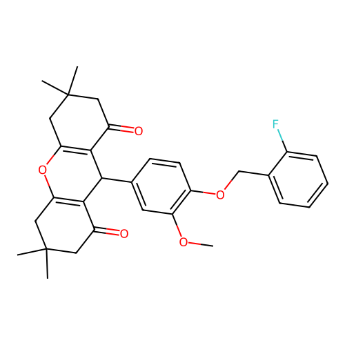 9-(4-((2-fluorobenzyl)oxy)-3-methoxyphenyl)-3,3,6,6-tetramethyl-3,4,5,6,7,9-hexahydro-1H-xanthene-1,8(2H)-dione structure