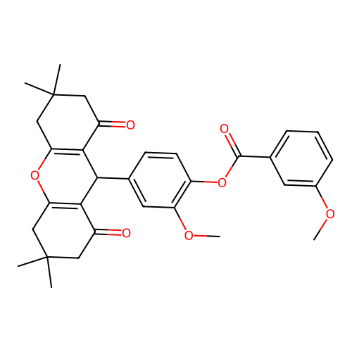 2-methoxy-4-(3,3,6,6-tetramethyl-1,8-dioxo-2,3,4,5,6,7,8,9-octahydro-1H-xanthen-9-yl)phenyl 3-methoxybenzoate structure