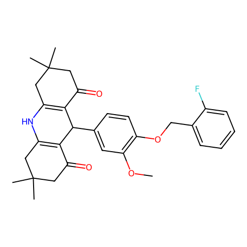 9-(4-((2-fluorobenzyl)oxy)-3-methoxyphenyl)-3,3,6,6-tetramethyl-3,4,6,7,9,10-hexahydroacridine-1,8(2H,5H)-dione structure