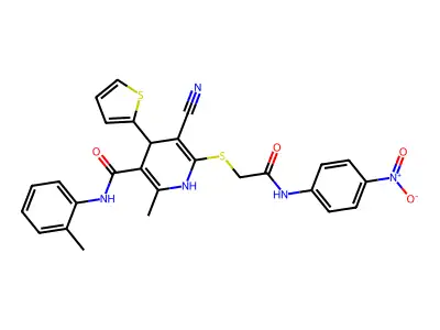 5-cyano-2-methyl-N-(2-methylphenyl)-6-[2-(4-nitroanilino)-2-oxoethyl]sulfanyl-4-thiophen-2-yl-1,4-dihydropyridine-3-carboxamide structure