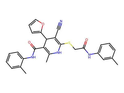 5-cyano-4-(furan-2-yl)-2-methyl-6-((2-oxo-2-(m-tolylamino)ethyl)thio)-N-(o-tolyl)-1,4-dihydropyridine-3-carboxamide structure
