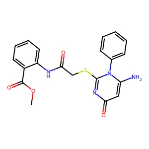 methyl 2-(2-((6-amino-4-oxo-1-phenyl-1,4-dihydropyrimidin-2-yl)thio)acetamido)benzoate structure