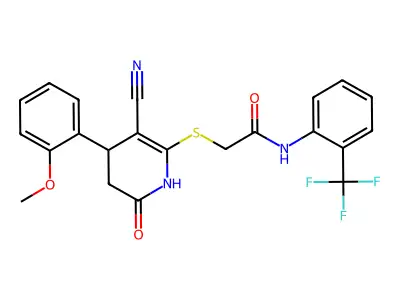 2-[[5-cyano-4-(2-methoxyphenyl)-2-oxo-3,4-dihydro-1H-pyridin-6-yl]sulfanyl]-N-[2-(trifluoromethyl)phenyl]acetamide structure