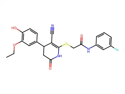 2-((3-cyano-4-(3-ethoxy-4-hydroxyphenyl)-6-oxo-1,4,5,6-tetrahydropyridin-2-yl)thio)-N-(3-fluorophenyl)acetamide structure