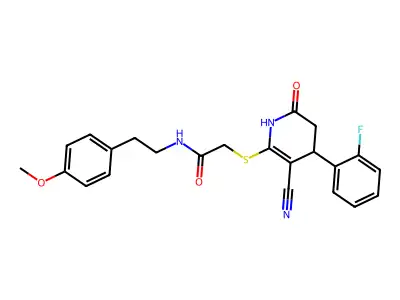 2-{[3-cyano-4-(2-fluorophenyl)-6-oxo-1,4,5,6-tetrahydropyridin-2-yl]sulfanyl}-N-[2-(4-methoxyphenyl)ethyl]acetamide structure
