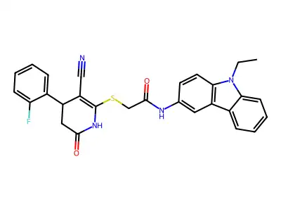2-[[5-cyano-4-(2-fluorophenyl)-2-oxo-3,4-dihydro-1H-pyridin-6-yl]sulfanyl]-N-(9-ethylcarbazol-3-yl)acetamide structure