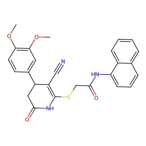 2-((3-cyano-4-(3,4-dimethoxyphenyl)-6-oxo-1,4,5,6-tetrahydropyridin-2-yl)thio)-N-(naphthalen-1-yl)acetamide structure
