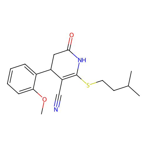 2-(isopentylthio)-4-(2-methoxyphenyl)-6-oxo-1,4,5,6-tetrahydropyridine-3-carbonitrile structure