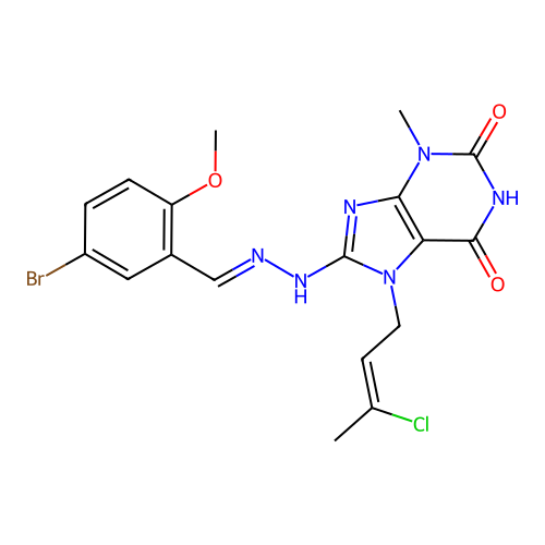 8-((E)-2-(5-bromo-2-methoxybenzylidene)hydrazinyl)-7-((Z)-3-chlorobut-2-en-1-yl)-3-methyl-1H-purine-2,6(3H,7H)-dione structure