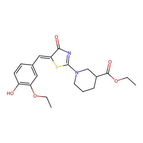 (Z)-ethyl 1-(5-(3-ethoxy-4-hydroxybenzylidene)-4-oxo-4,5-dihydrothiazol-2-yl)piperidine-3-carboxylate structure