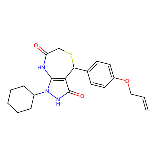 1-cyclohexyl-3-hydroxy-4-[4-(prop-2-en-1-yloxy)phenyl]-4,8-dihydro-1H-pyrazolo[3,4-e][1,4]thiazepin-7(6H)-one structure