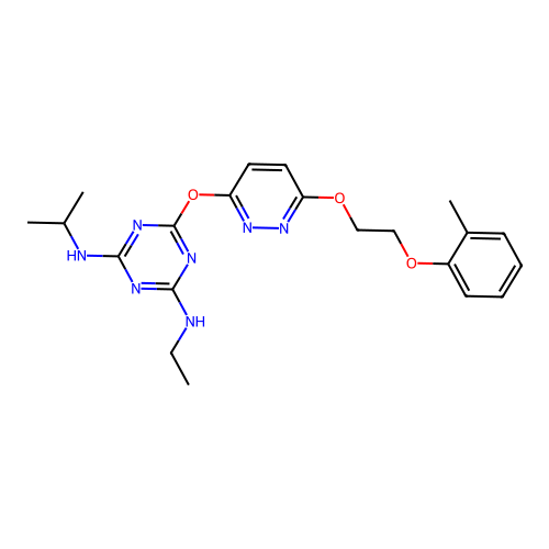 4-N-ethyl-6-[6-[2-(2-methylphenoxy)ethoxy]pyridazin-3-yl]oxy-2-N-propan-2-yl-1,3,5-triazine-2,4-diamine structure
