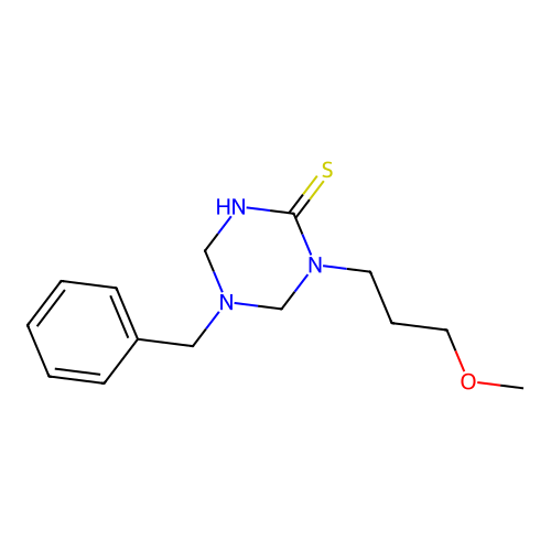 5-Benzyl-1-(3-methoxypropyl)-1,3,5-triazinane-2-thione structure