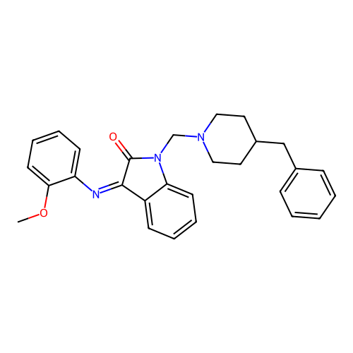 (3E)-1-[(4-BENZYLPIPERIDIN-1-YL)METHYL]-3-[(2-METHOXYPHENYL)IMINO]-2,3-DIHYDRO-1H-INDOL-2-ONE structure