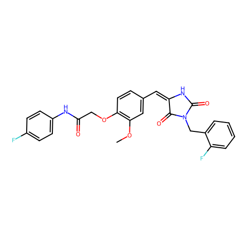 2-(4-{(E)-[1-(2-fluorobenzyl)-2,5-dioxoimidazolidin-4-ylidene]methyl}-2-methoxyphenoxy)-N-(4-fluorophenyl)acetamide structure