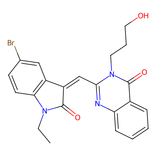 2-[(5-bromo-1-ethyl-2-oxo-indol-3-ylidene)methyl]-3-(3-hydroxypropyl)quinazolin-4-one structure