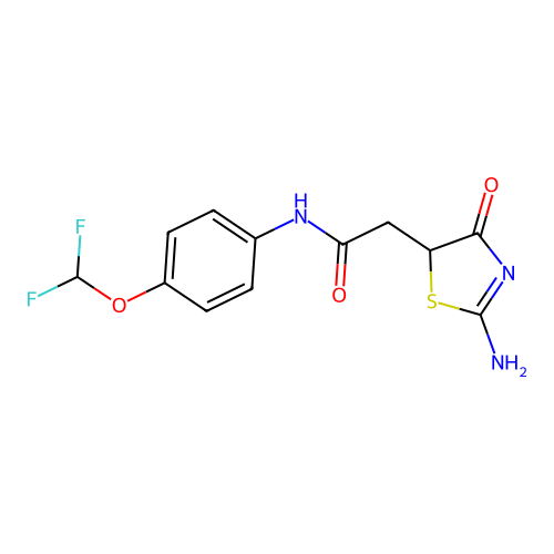 N-(4-(difluoromethoxy)phenyl)-2-(2-imino-4-oxothiazolidin-5-yl)acetamide structure