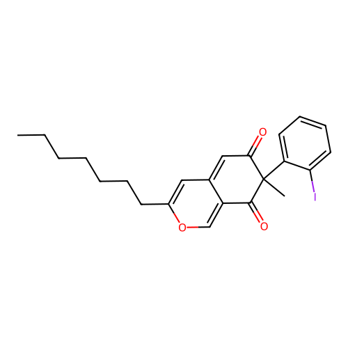 3-Heptyl-7-(2-iodophenyl)-7-methylisochromene-6,8-dione structure
