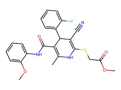 methyl 2-((3-cyano-4-(2-fluorophenyl)-5-((2-methoxyphenyl)carbamoyl)-6-methyl-1,4-dihydropyridin-2-yl)thio)acetate structure