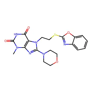 7-(2-(benzo[d]oxazol-2-ylthio)ethyl)-3-methyl-8-morpholino-1H-purine-2,6(3H,7H)-dione structure