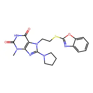 7-[2-(1,3-benzoxazol-2-ylsulfanyl)ethyl]-3-methyl-8-pyrrolidin-1-ylpurine-2,6-dione structure