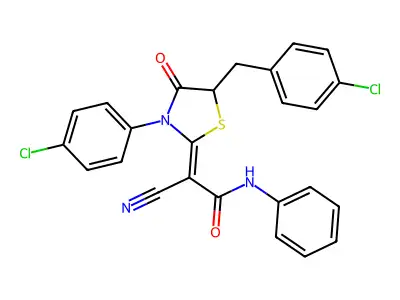 2-{3-(4-Chlorophenyl)-5-[(4-chlorophenyl)methyl]-4-oxo-1,3-thiazolidin-2-ylidene}-2-cyano-N-phenylacetamide structure