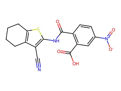 2-[(3-cyano-4,5,6,7-tetrahydro-1-benzothiophen-2-yl)carbamoyl]-5-nitrobenzoic acid structure