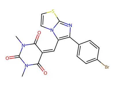 5-{[6-(4-bromophenyl)imidazo[2,1-b][1,3]thiazol-5-yl]methylidene}-1,3-dimethyl-1,3-diazinane-2,4,6-trione structure